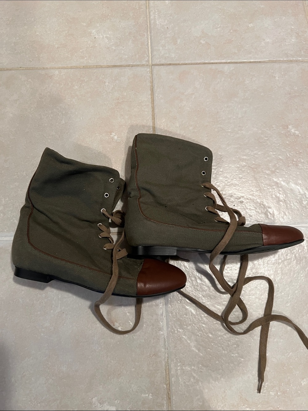 Olive Green Canvas Lace-Up Ankle Boots with Brown Cap Toe
